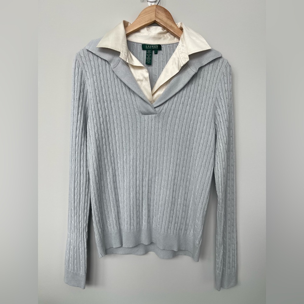 Lauren Ralph Lauren | Cashmere Silk Polo Cable Knit Sweater Baby Blue Ivory Sz L - Picture 2 of 7